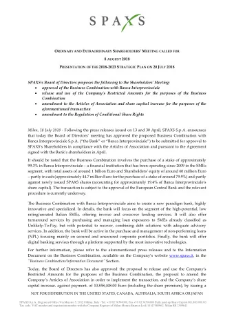 O RDINARY AND E XTRAORDINARY S HAREHOLDERS  M EETING CALLED FOR 8 AUGUST 2018 P RESENTATION OF