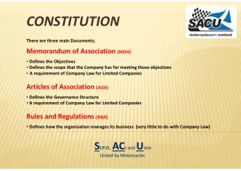 CONSTITUTION There are three main Documents; Memorandum of Association (MOA)  Defines the
