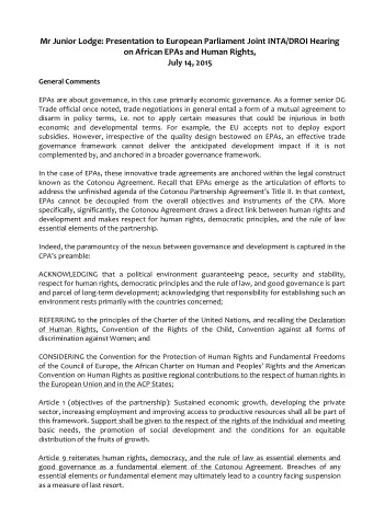 Mr Junior Lodge: Presentation to European Parliament Joint INTA/DROI Hearing  on African EPAs and
