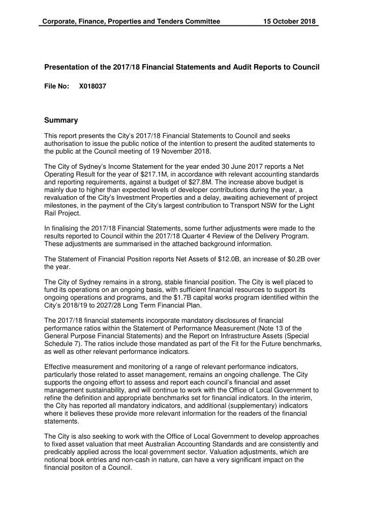 presentation of the 2017 18 financial statements and