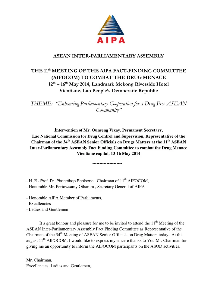 theme enhancing parliamentary cooperation for a drug free
