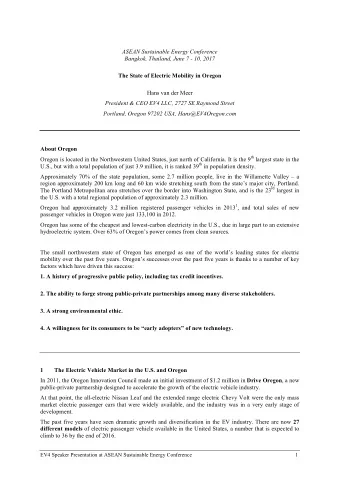 ASEAN Sustainable Energy Conference  Bangkok, Thailand, June 7 - 10, 2017  The State of Electric