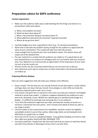Preparation advice for BSPS conference  Content organization  Make sure the audience walks away