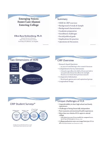 Two Dimensions of HERI  CIRP Overview  Research-based Questions  Grant-  HHMI  50 years of