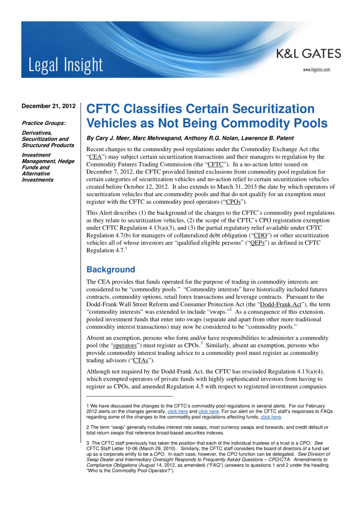 december 21 2012 cftc classifies certain securitization