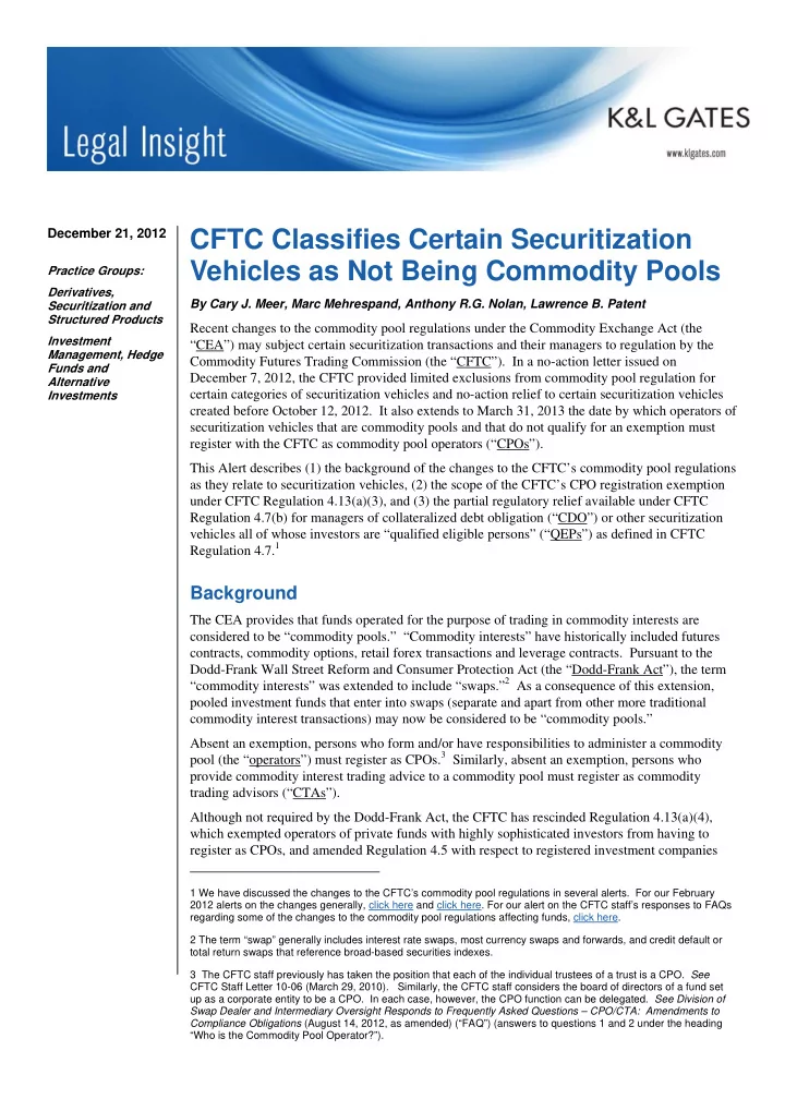 december 21 2012 cftc classifies certain securitization