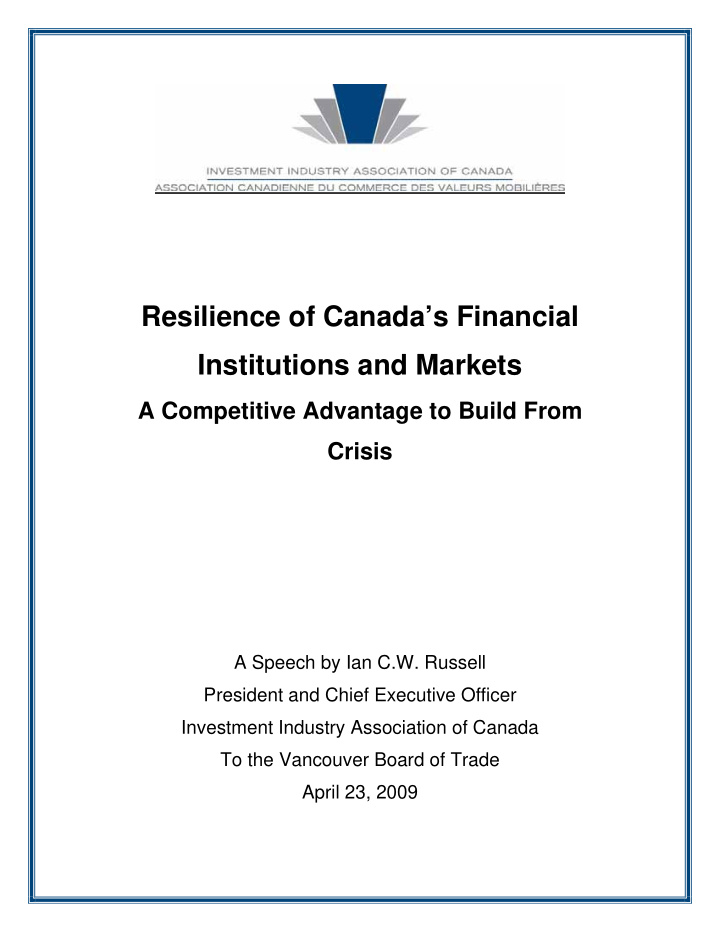 resilience of canada s financial institutions and markets