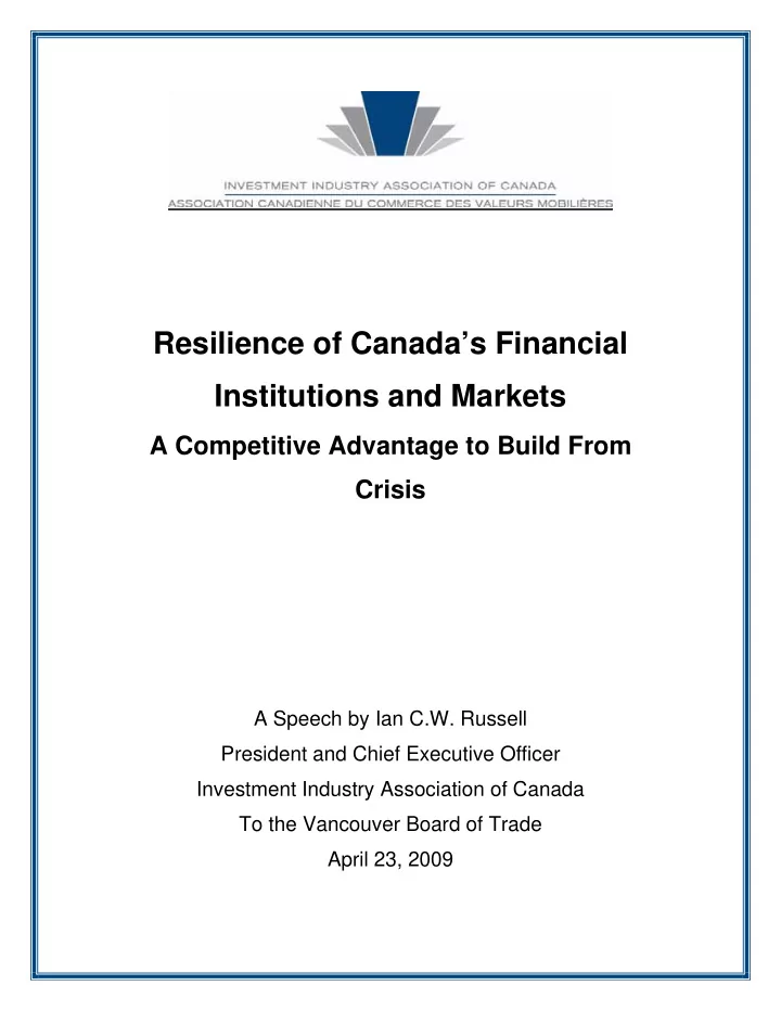 resilience of canada s financial institutions and markets