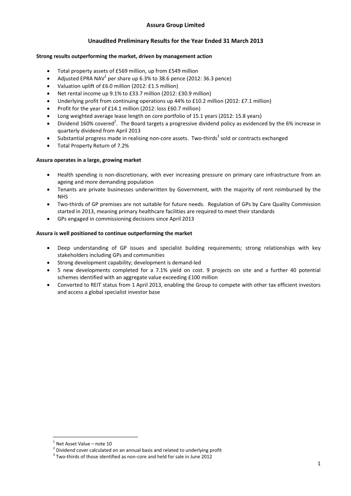 assura group limited unaudited preliminary results for