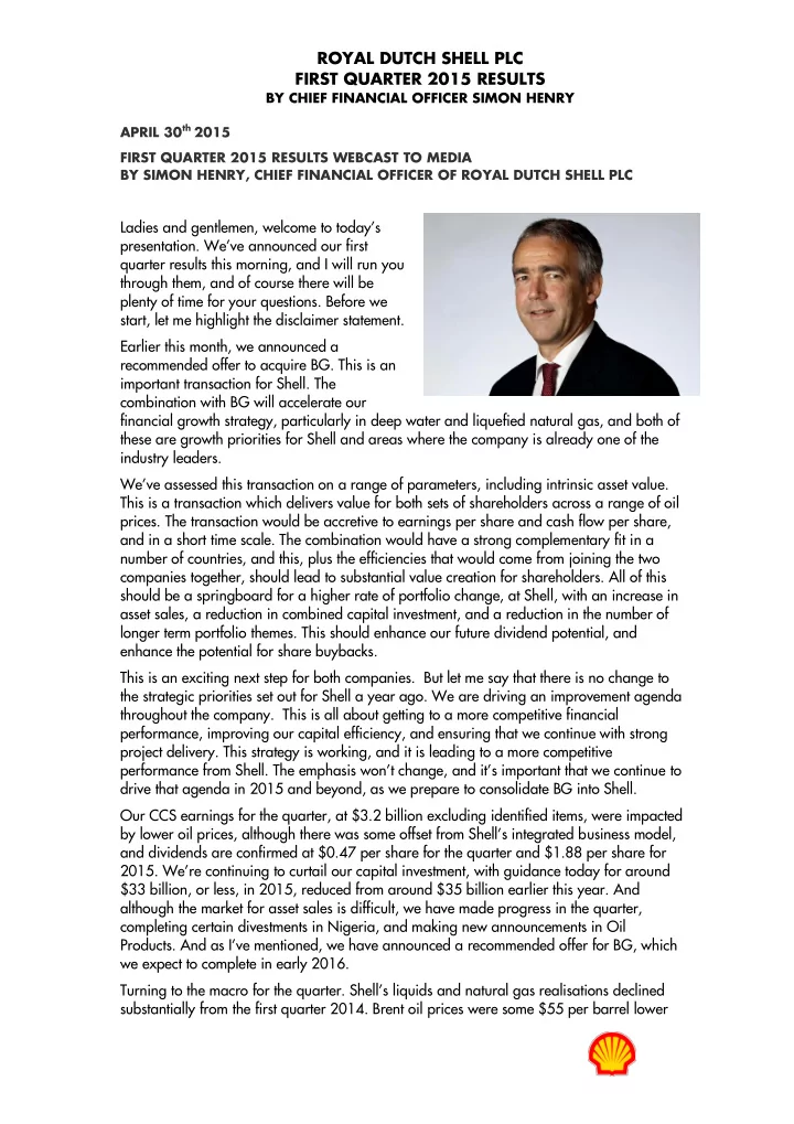 royal dutch shell plc first quarter 2015 results by chief