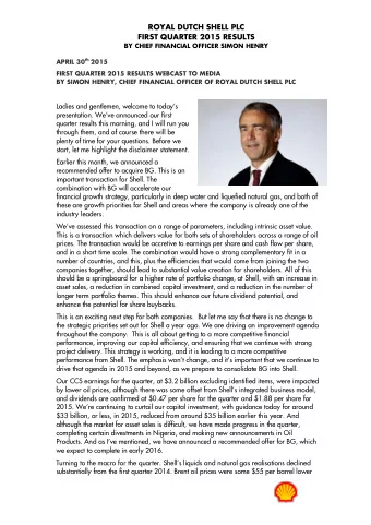 ROYAL DUTCH SHELL PLC  FIRST QUARTER 2015 RESULTS BY CHIEF FINANCIAL OFFICER SIMON HENRY APRIL 30