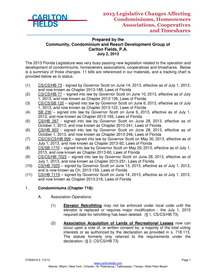 2013 legislative changes affecting condominiums