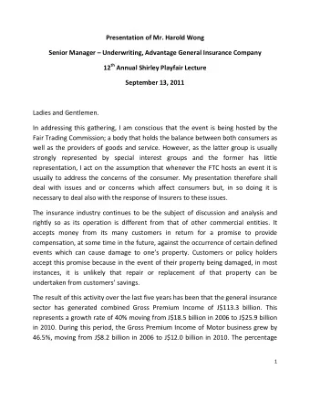 Presentation of Mr. Harold Wong  Senior Manager  Underwriting, Advantage General Insurance