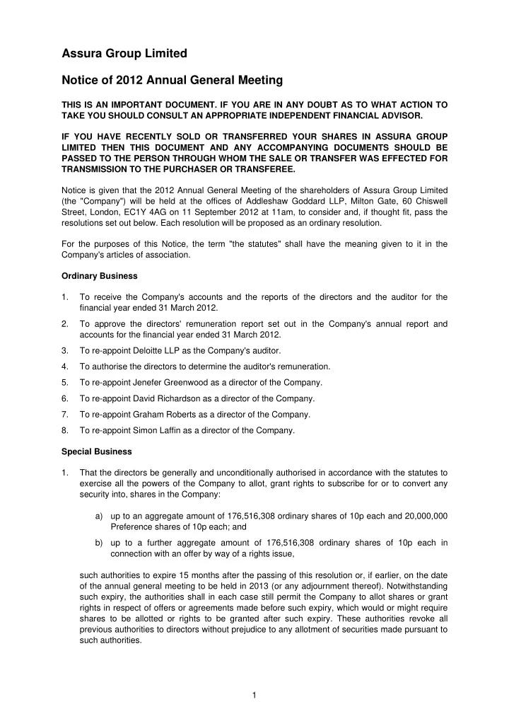 assura group limited notice of 2012 annual general meeting