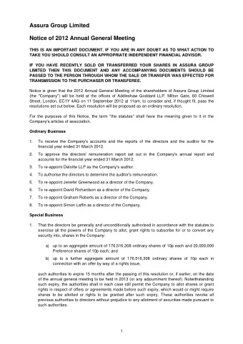 Assura Group Limited  Notice of 2012 Annual General Meeting  THIS IS AN IMPORTANT DOCUMENT. IF YOU