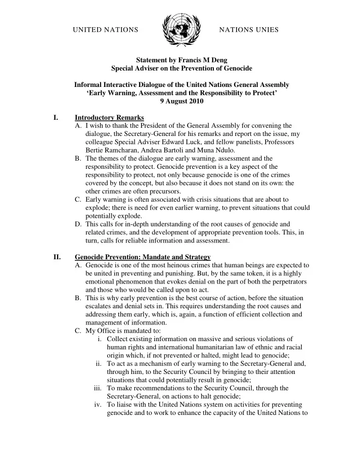 united nations nations unies statement by francis m deng