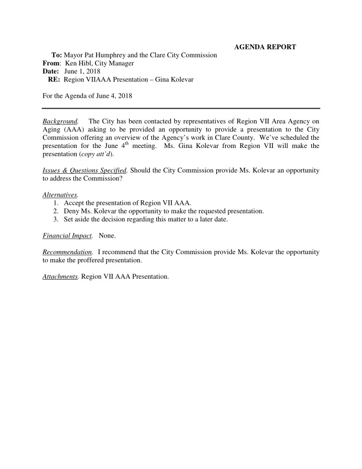 agenda report to mayor pat humphrey and the clare city