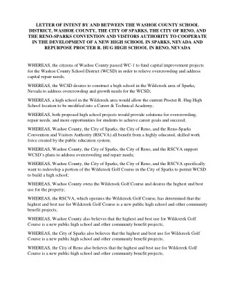 LETTER OF INTENT BY AND BETWEEN THE WASHOE COUNTY SCHOOL  DISTRICT, WASHOE COUNTY, THE CITY OF