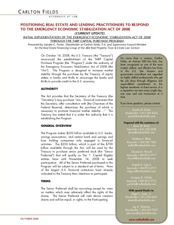 TO THE EMERGENCY ECONOMIC STABILIZATION ACT OF 2008  (CURRENT UPDATE)  INITIAL IMPLEMENTATION OF