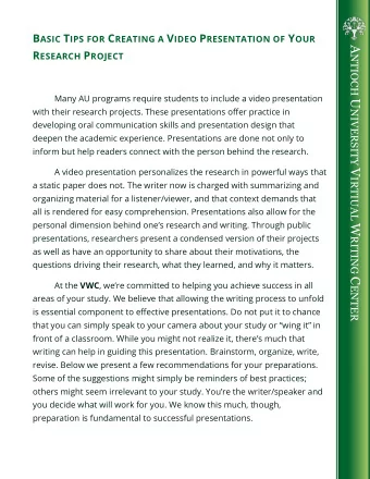 A NTIOCH U NIVERSITY V IRTIUAL W RITING C ENTER R ESEARCH P ROJECT  Many AU programs require