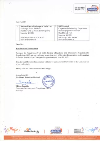 Music Broadcast Limited  Investor Presentation  July 2017  Safe Harbor This presentation and the