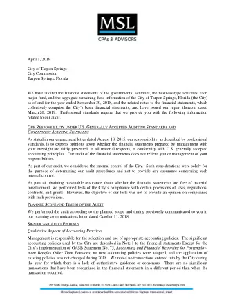 April 1, 2019  City of Tarpon Springs  City Commission  Tarpon Springs, Florida  We have audited