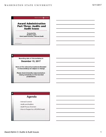 Agenda  Internal Controls  Audits and Auditors  Audit Process Overview  How to Prepare