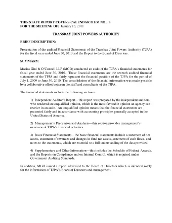 THIS STAFF REPORT COVERS CALENDAR ITEM NO.: 8 FOR THE MEETING OF: January 13, 2011  TRANSBAY JOINT