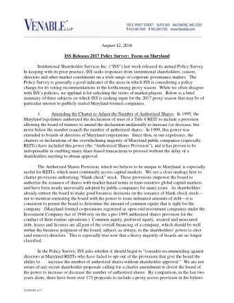 August 12, 2016  ISS Releases 2017 Policy Survey:  Focus on Maryland  Institutional Shareholder