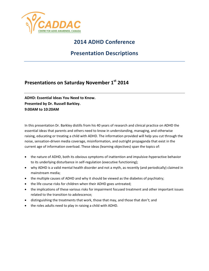 2014 adhd conference presentation descriptions