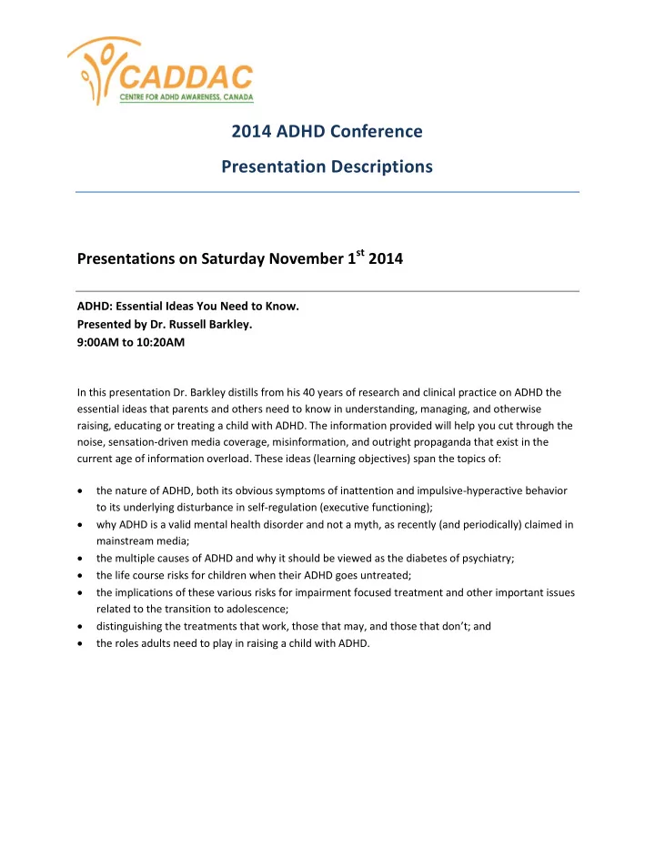 2014 adhd conference presentation descriptions