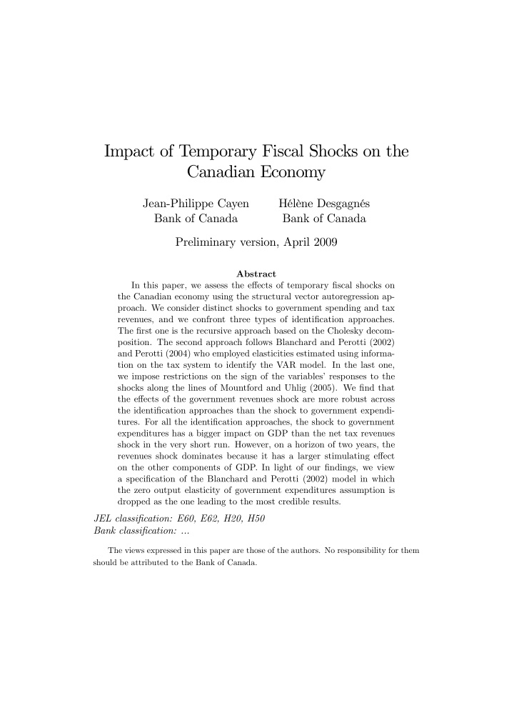 impact of temporary fiscal shocks on the canadian economy