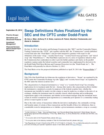 Swap Definitions Rules Finalized by the  September 25, 2012  SEC and the CFTC under Dodd-Frank