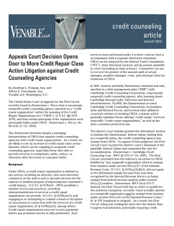 credit counseling  article AUGUST 2010  Appeals Court Decision Opens  Appeals Court Decision Opens