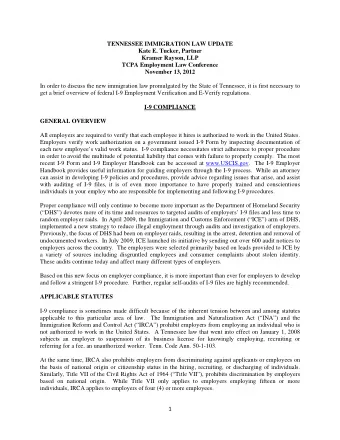 TENNESSEE IMMIGRATION LAW UPDATE  Kate E. Tucker, Partner  Kramer Rayson, LLP  TCPA Employment Law