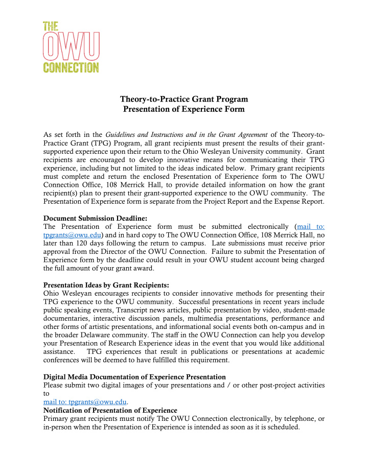 theory to practice grant program presentation of