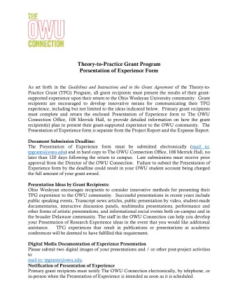 Theory-to-Practice Grant Program  Presentation of Experience Form As set forth in the Guidelines
