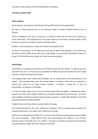 Thursday 6 August 2020  Claire Hawkins  Good afternoon and welcome to the Phoenix Group 2020