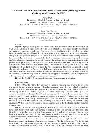 A Critical Look at the Presentation, Practice, Production (PPP) Approach:  Challenges and Promises