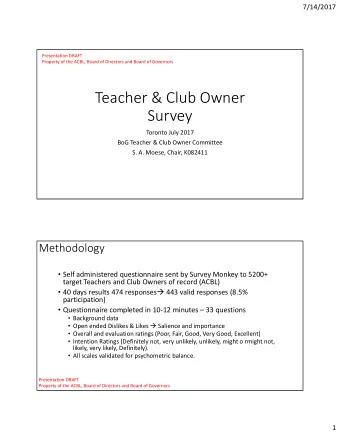 Teacher &amp; Club Owner  Survey Toronto July 2017 BoG Teacher &amp; Club Owner Committee S. A.