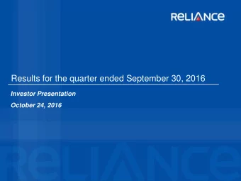 Results for the quarter ended September 30, 2016  Investor Presentation  October 24, 2016