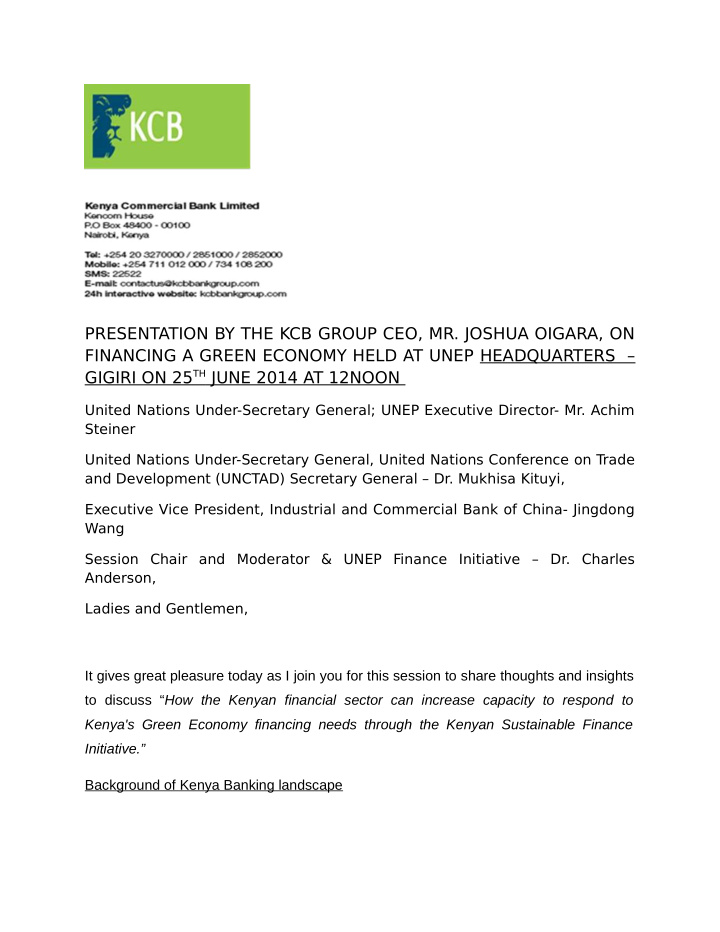 presentation by the kcb group ceo mr joshua oigara on