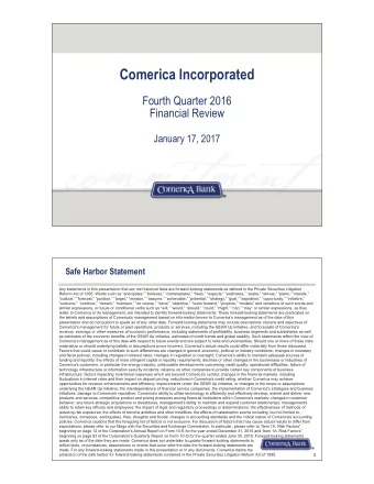 Comerica Incorporated  Fourth Quarter 2016  Financial Review  January 17, 2017  Safe Harbor