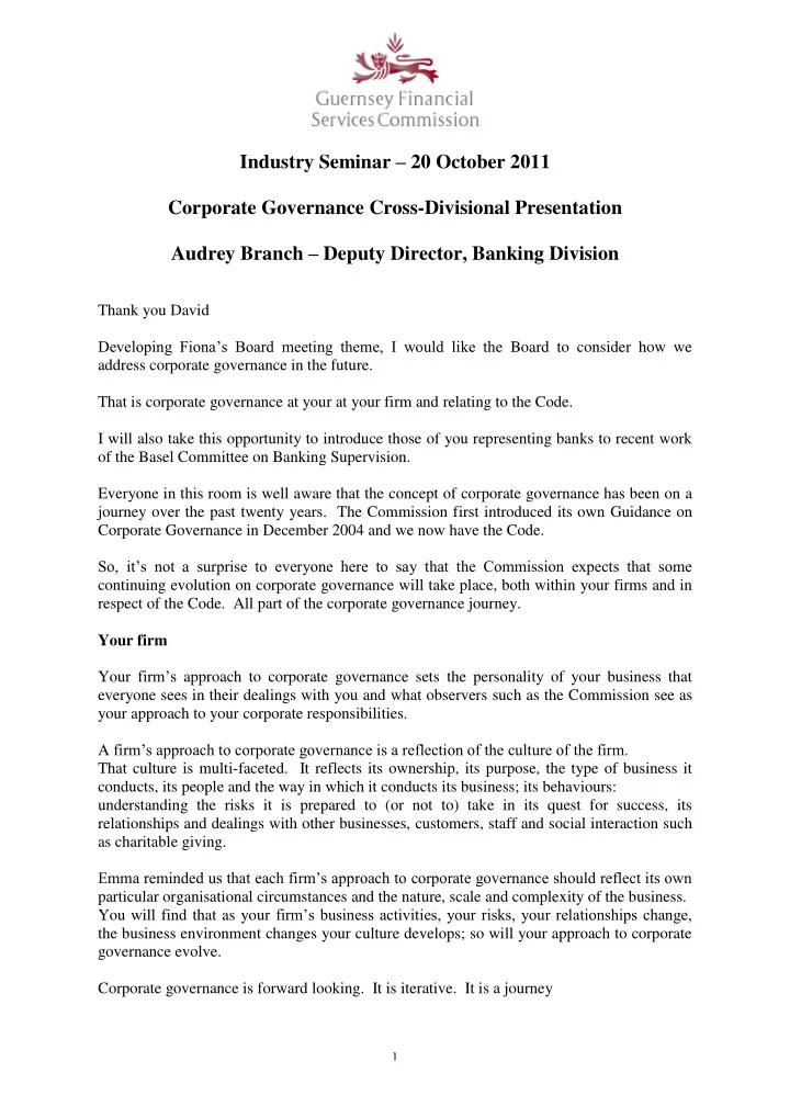 industry seminar 20 october 2011 corporate governance