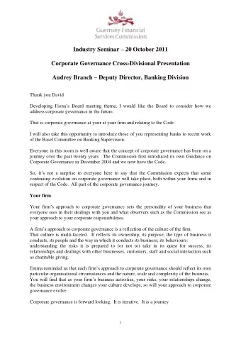 Industry Seminar  20 October 2011  Corporate Governance Cross-Divisional Presentation Audrey