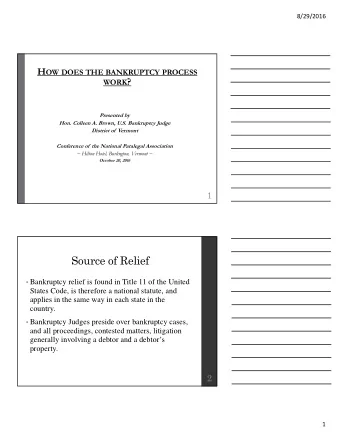 Source of Relief  Bankruptcy relief is found in Title 11 of the United  States Code, is