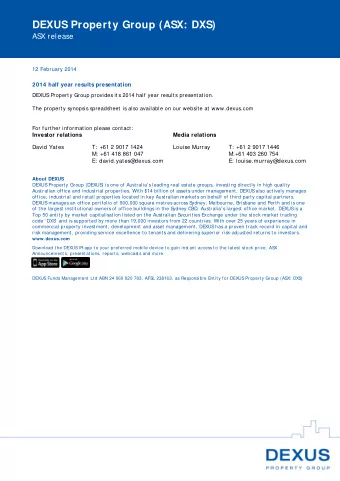 DEXUS Property Group (ASX: DXS)  ASX release  12 February 2014 2014 half year results presentation