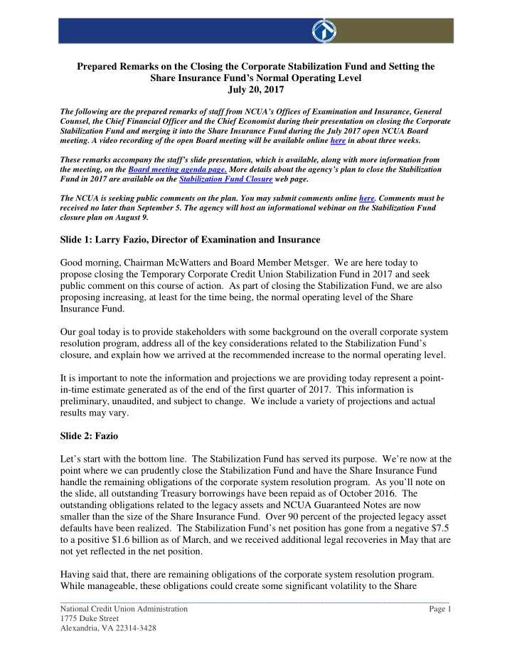 prepared remarks on the closing the corporate