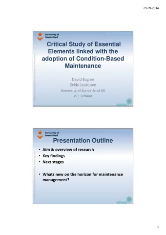 Presentation Outline  Aim &amp; overview of research Maintenance Performance Measurement and
