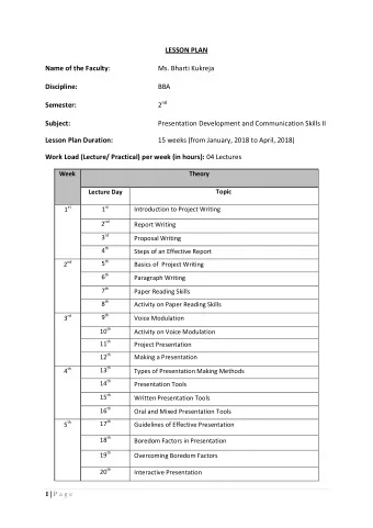 LESSON PLAN Name of the Faculty :  Ms. Bharti Kukreja Discipline:  BBA 2 nd  Semester:  Subject:
